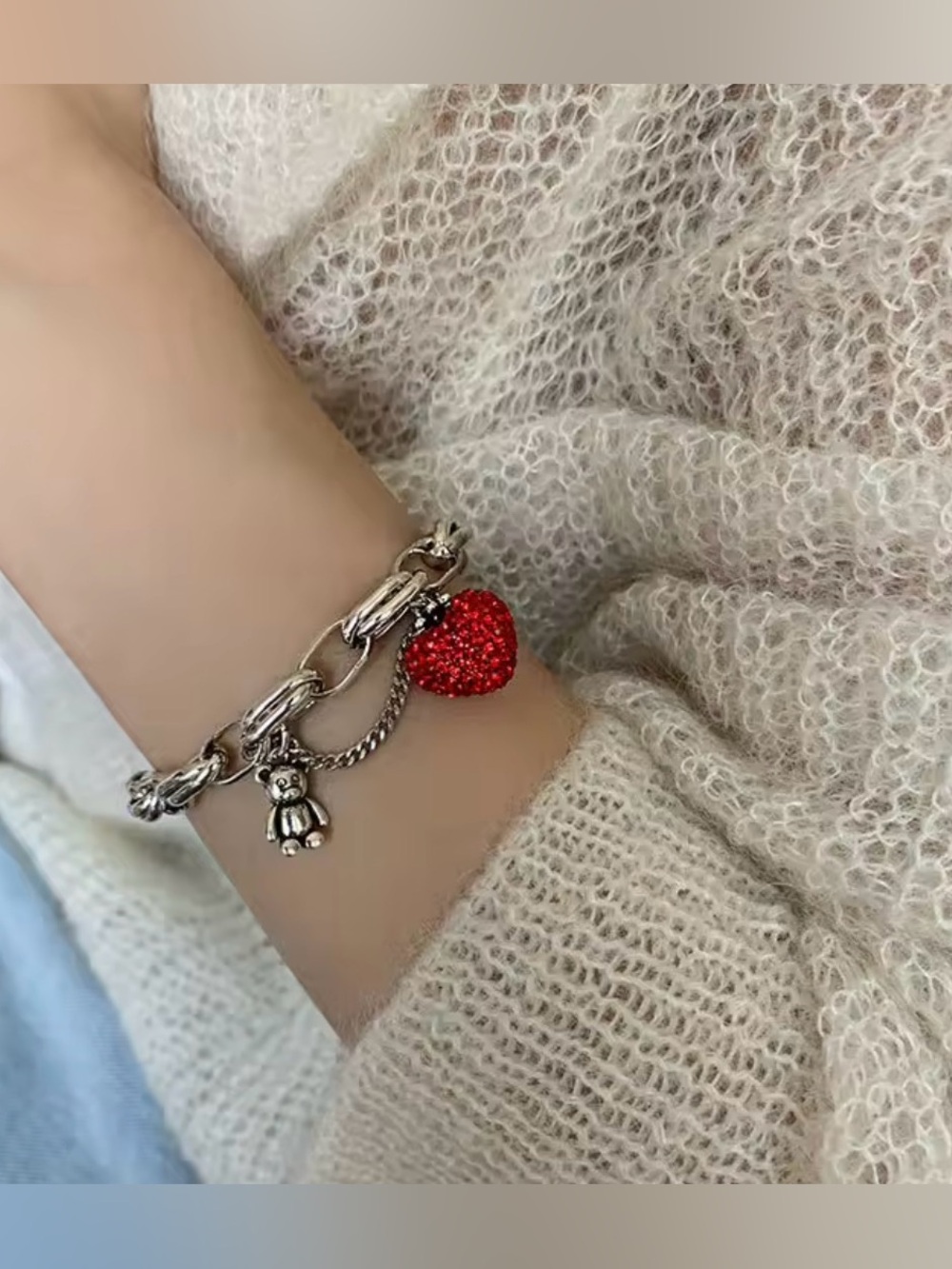 Silver Link Charm Bracelet with Red Heart and Teddy Charms